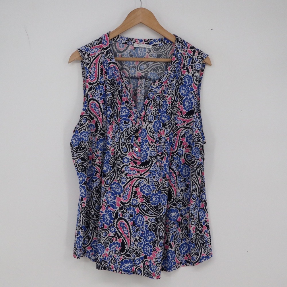 Notations Top Womens 1X Blue Floral Paisley Sleeveless V-Neck Excellent